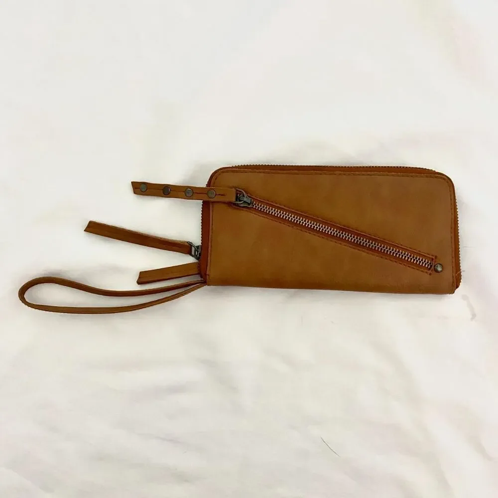 Free People Distressed Vegan Wallet Worn Finish Wrist strap Clutch Brown Tan